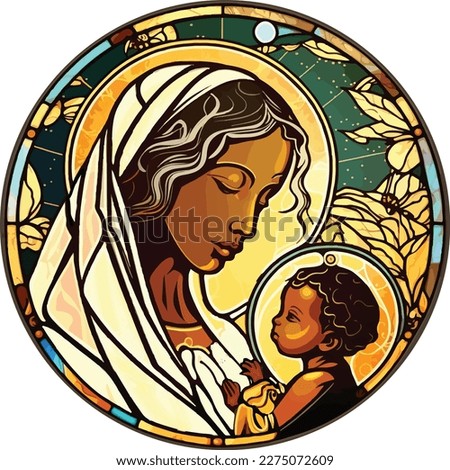 Vector of Mary and baby Jesus, circular, stained glass style