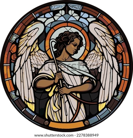 Round stained glass window vector of an African archangel