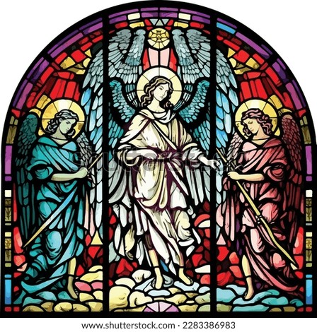 Arched stained glass window of the archangels Gabriel, Michael, and Raphael.