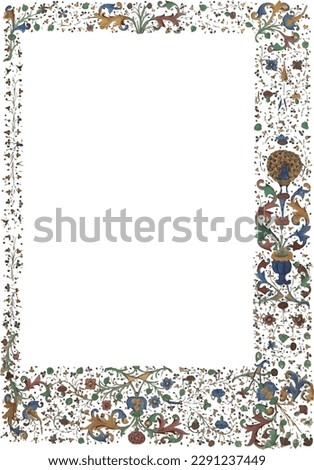 Medieval style illuminated flower border, peacock on edge