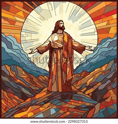 Vector stained glass window of Jesus Christ on a mountain top, arms outstretched. Foto stock © 