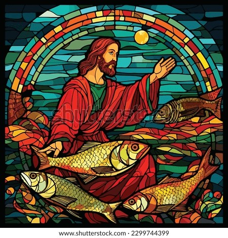 Stained glass window of Jesus with a school of fish, fisherman