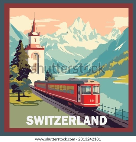 Vintage style travel poster of Switzerland, Alps and railway