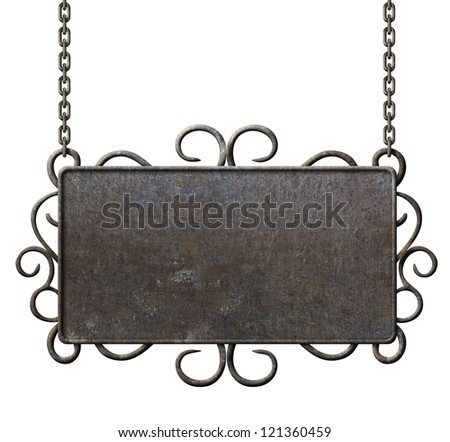 metal signboard hanging on chains isolated