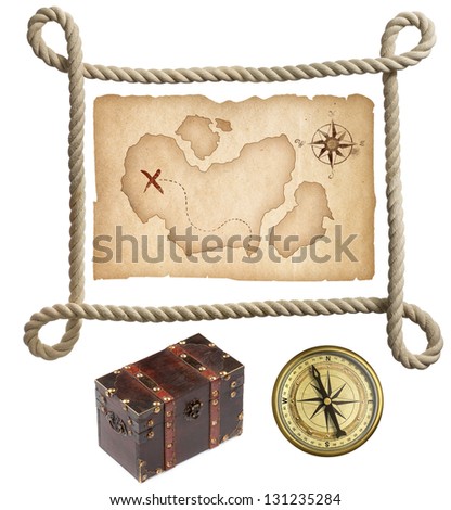 Old treasure map, rope frame, chest and compass isolated on white