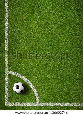 Soccer ball in corner kick position. Football field top view.
