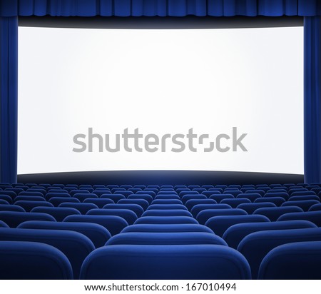 cinema screen with open blue curtain and seats