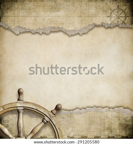 old steering wheel and torn nautical map background