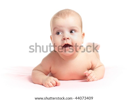 Little baby girl lying on pink sheet  isolated on white