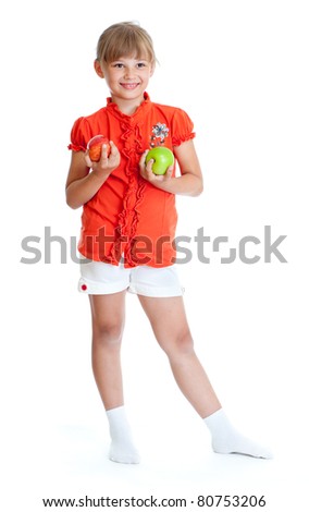 Schoolgirl portrait holding apples isolated