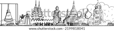 Sketch Myanmar Skyline with Landmarks. Myanmar Cityscape Vector Illustration. 