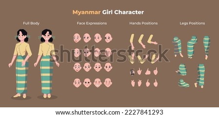 Myanmar Girl Character Vector Design Set. Front, Side View Animated Character Illustration with Various Facial Expressions, Hands, Poses and Gestures. Cartoon Style or Flat Vector Illustration.