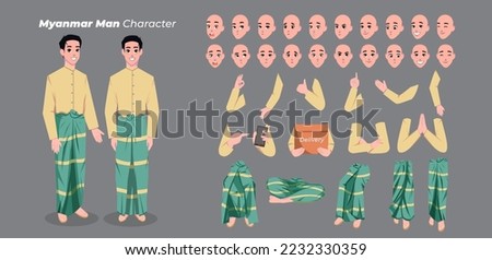 Myanmar Man Character Vector Design Set. Front, Side View Animated Character Illustration with Various Facial Expressions, Hands, Poses and Gestures. Cartoon Style or Flat Vector Illustration.