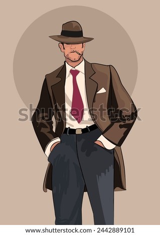 Spy in raincoat and hat, detective spy, retro vector illustration Hand Drawn. Dressed in a retro raincoat and hat. 