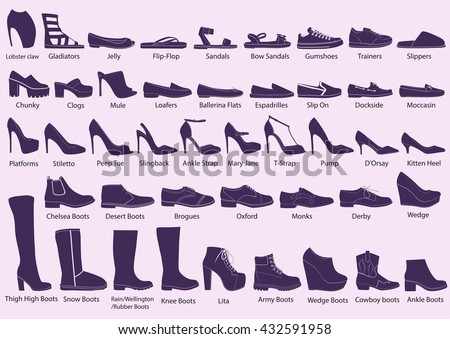 Set with different types of women's shoes silhouette. 
Collection of autumn, winter and spring women / woman shoes