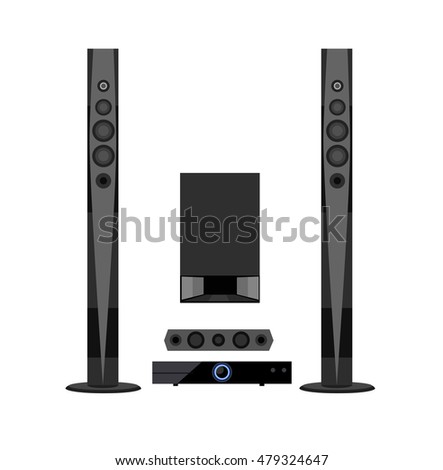 Home cinema audio speaker system. Loudspeakers, player and receiver isolated on white. Electronics home appliances 