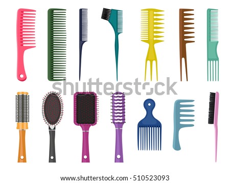 Fashion equipment collection of combs  hairbrush for hair, set of different types of combs, vector isolated on white background, Hairdresser style accessories, hairdryer

