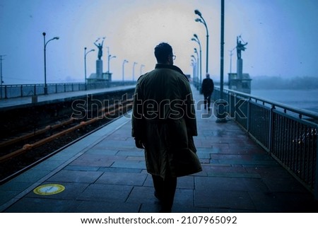 Image, Stock Photo Silhouette of bridge, man and ship in the morning light