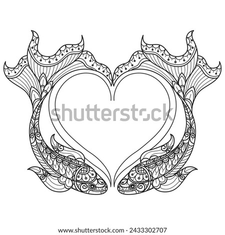 Fish ands heart hand drawn for adult coloring book