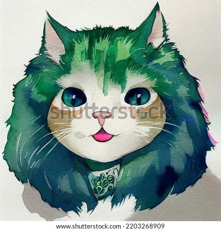Cute colorful cat portrait with mane like a lion. Watercolor painting. Illustration for books, children's fairy tales, t-shirt print, card, posters, etc.