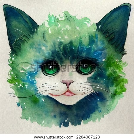 A fairy cat portrait with colorful funny hair. Watercolor painting. Illustration for books, children's fairy tales, t-shirt print, card, posters, etc.