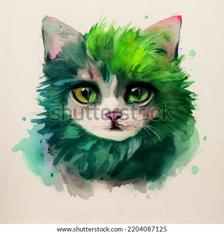 A fairy kitten portrait with colorful funny hair. Watercolor painting. Illustration for books, children's fairy tales, t-shirt print, card, posters, etc.