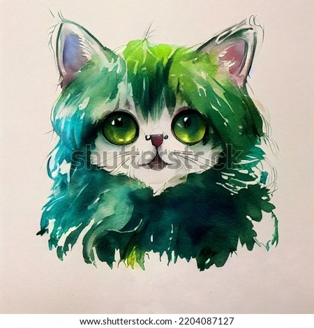A fairy kitten portrait with colorful funny hair. Watercolor painting. Illustration for books, children's fairy tales, t-shirt print, card, posters, etc.