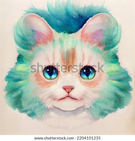Funny emerald kitty with big ears. Watercolor painting. Illustration for books, children's fairy tales, t-shirt print, card, posters, etc.