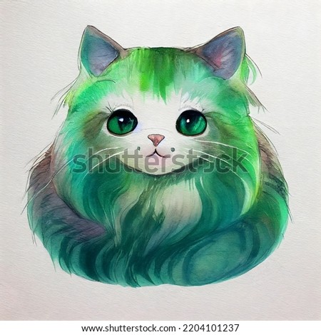 Emerald kitten portrait with colorful mane like a lion. Watercolor painting. Illustration for books, children's fairy tales, t-shirt print, card, posters, etc.