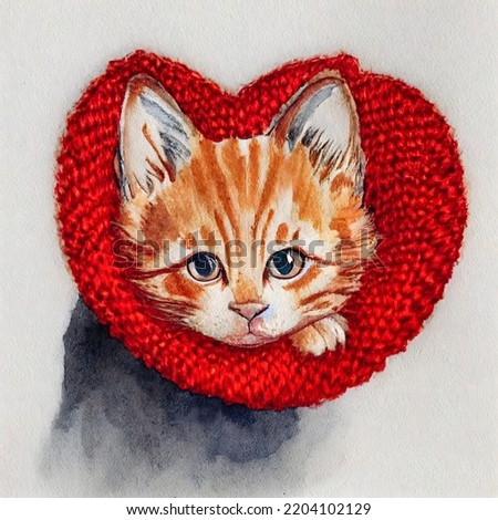 Cute ginger kitten in a knitted red heart. Watercolor painting.