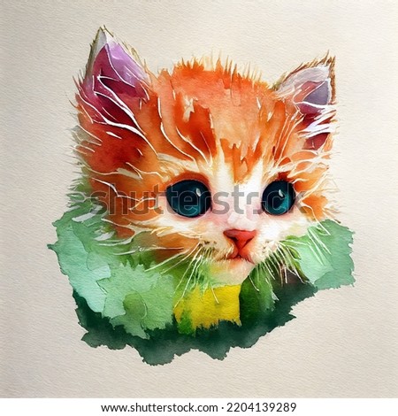 Cute ginger kitten portrait. Watercolor painting. Illustration for books, children's fairy tales.