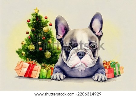 Cute French bulldog puppy with a beautiful Christmas tree. Watercolor painting. Illustration for books, children's fairy tales, t-shirt print, card, posters, etc.