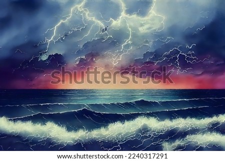 Thunder and lightning in the stormy sea. Watercolor painting.