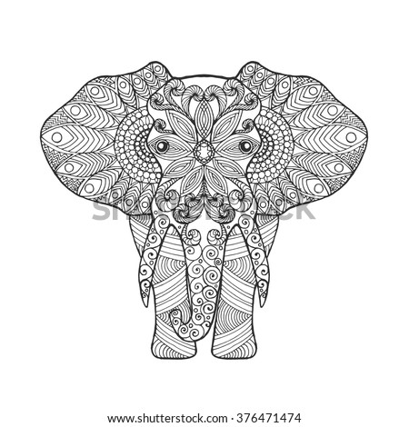 Elephant. Adult Antistress Coloring Page. Black White Hand Drawn Doodle ...