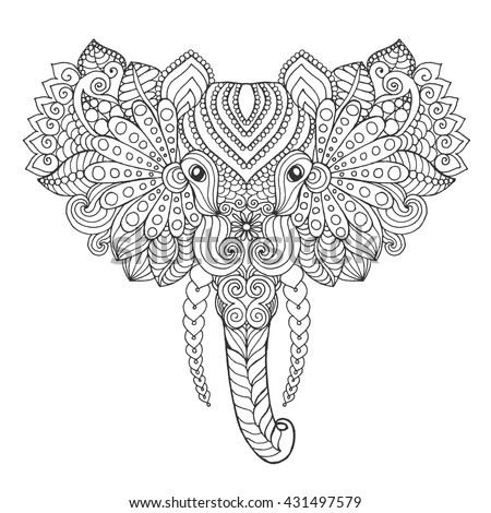 Elephant Head. Adult Antistress Coloring Page. Black White Hand Drawn ...