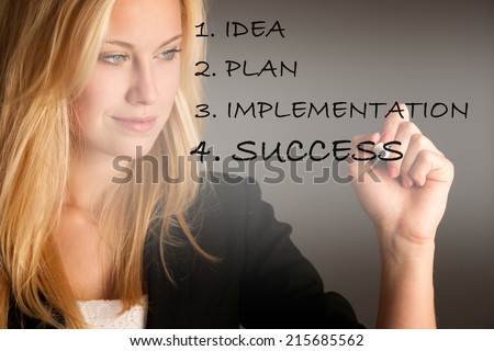 blonde business woman with blue eyes, writes on a glass table with marker presenting business opportunities - business plan