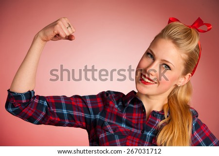 Beautiful young blond Pinup woman gesturing we can do it over red background