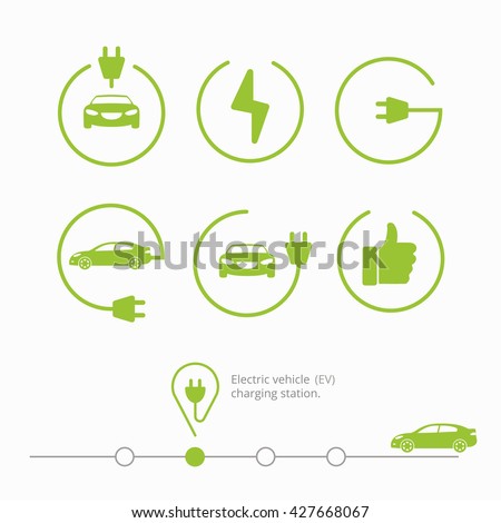  Vector illustration pin point place charging station for electric car. Icons electric vehicle charging station. Isolated electric car with cable, finger up, start charging, power place. Electric car.