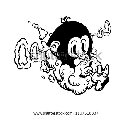 Cartoon vape label Isolated. E-cigarette,monkey smokes and launches rings of steam from the ears emblem, labels, badges, logos. Isolated on white. Poster on the wall for vape bar. image for printing.