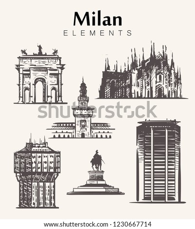 Set of hand-drawn Milan buildings.Milan elements sketch vector illustration.Velasca Tower,Milan cathedral,Sforza Castle,Pirelli Skyscraper.