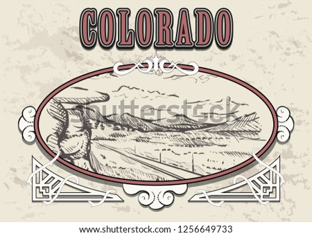 Colorado skyline hand drawn.Colorado sketch style vector illustration in vintage frame.