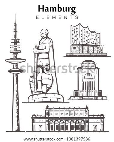 Set of hand-drawn Hamburg buildings elements sketch vector illustration. The Elbe Philharmonic hall,planetarium, monument to Otto von Bismarck, Kunsthalle, tv tower.