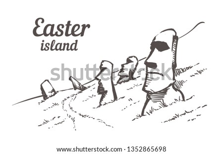 Drawn sketch Moais in Rapa Nui National Park on the slopes of Rano Raruku volcano on Easter Island, Chile vector illustration isolated on white vbackground.