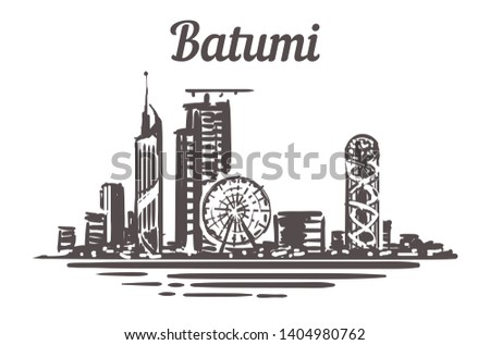 Batumi skyline sketch. Batumi, Georgia hand drawn illustration isolated on white background.