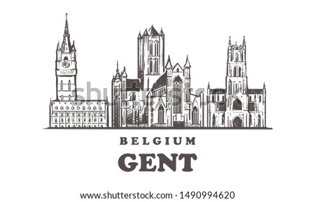 Gent sketch skyline. Gent, Belgium hand drawn vector illustration. Isolated on white background. 