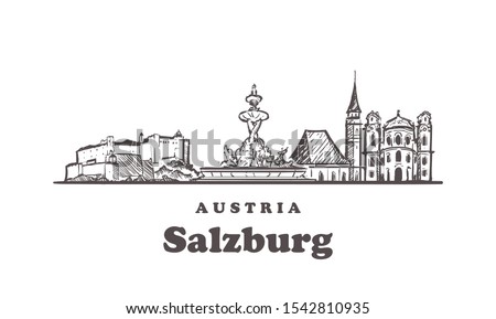 Salzburg sketch skyline. Salzburg, 
Austria hand drawn vector illustration. Isolated on white background. 