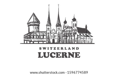 Lucerne sketch skyline. Switzerland , Lucerne hand drawn vector illustration. Isolated on white background. 