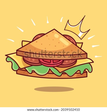 Royal triangular sandwich with sausage long square bacon sandwich cartoon vector icon illustration. Food object sandwich isolated.