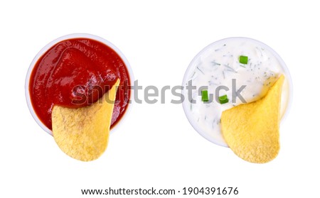 Similar – Image, Stock Photo Potato chips and sauce on the table, close up