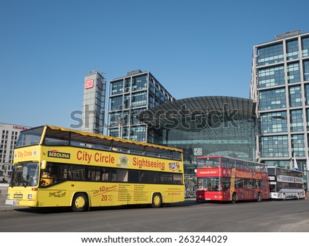 Berlin, Germany - February 26, 2015: Sightseeing buses in front of Berlin Main Station